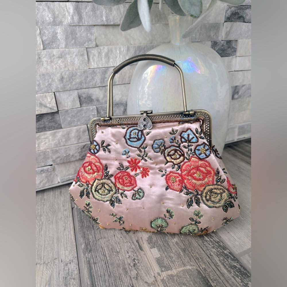 Vintage Art Deco Floral Colorful Beaded Purse with Metal Handle and Long Chaim